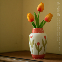 Hand-painted retro rough pottery vase Chinese-style Japanese-style flower arrangement wedding new house housewarming gift living room decorations