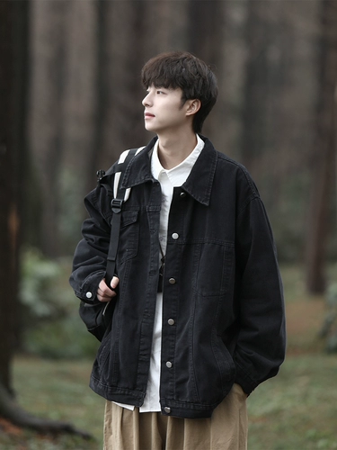 Черная джинсовая мужская осенняя японская ретро куртка, оверсайз
