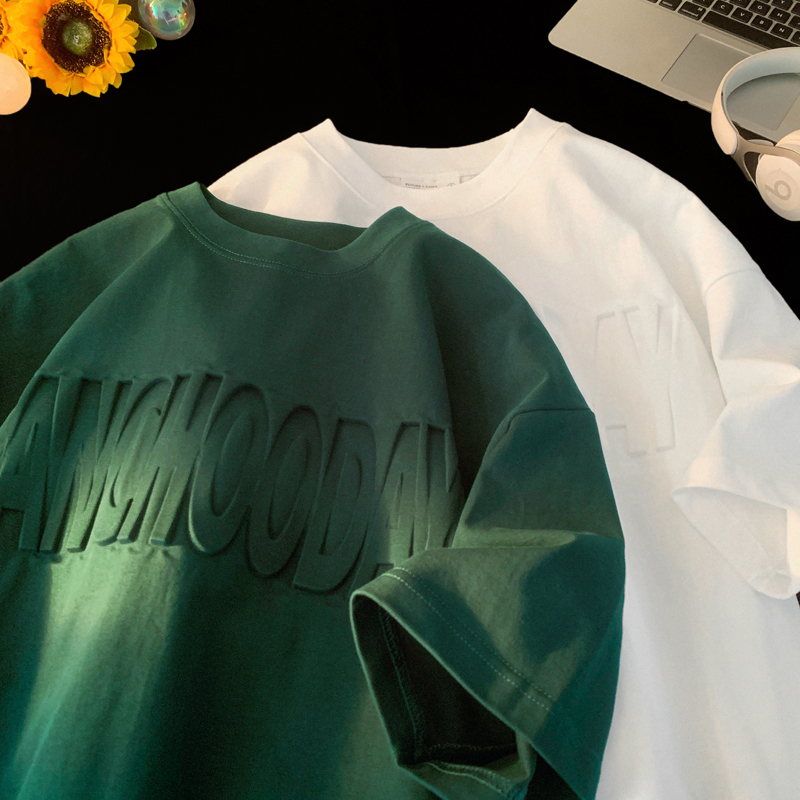 Dark Green Heavyweight Short-Sleeve T-Shirt for Men, Summer American-Style Trendy Brand with Letter Embossing, Loose Half-Sleeve Top