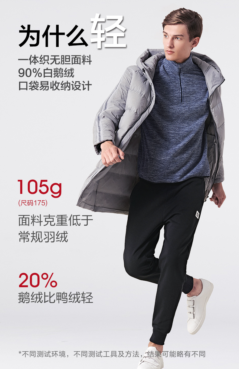 红豆男装 90%鹅绒 男士中长款羽绒服 20D超轻面料 日本防水科技 图4