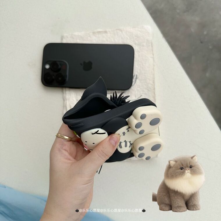 Cute Black Cat Cartoon Design Green Eyes Pink Nose iPhone Case