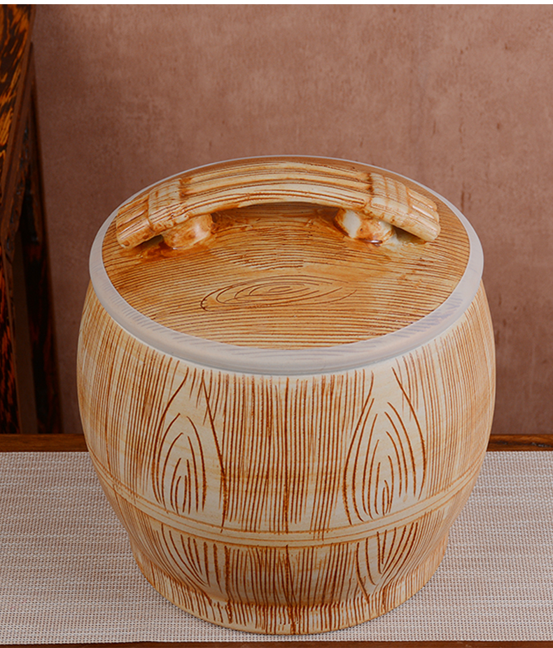 Jingdezhen ceramic barrel with cover ricer box 10 jins 20 jins 30 meters storage box imitation solid wood household seal storage tank