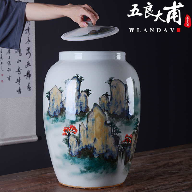 Jingdezhen hand - made ceramic barrel 50 pounds with cover 25 kg pack flour barrels of household kitchen old storage sealed as cans