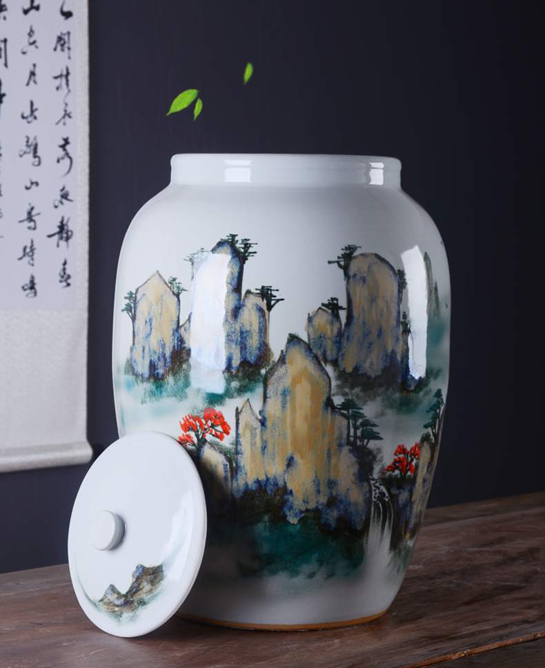 Jingdezhen hand - made ceramic barrel 50 pounds with cover 25 kg pack flour barrels of household kitchen old storage sealed as cans