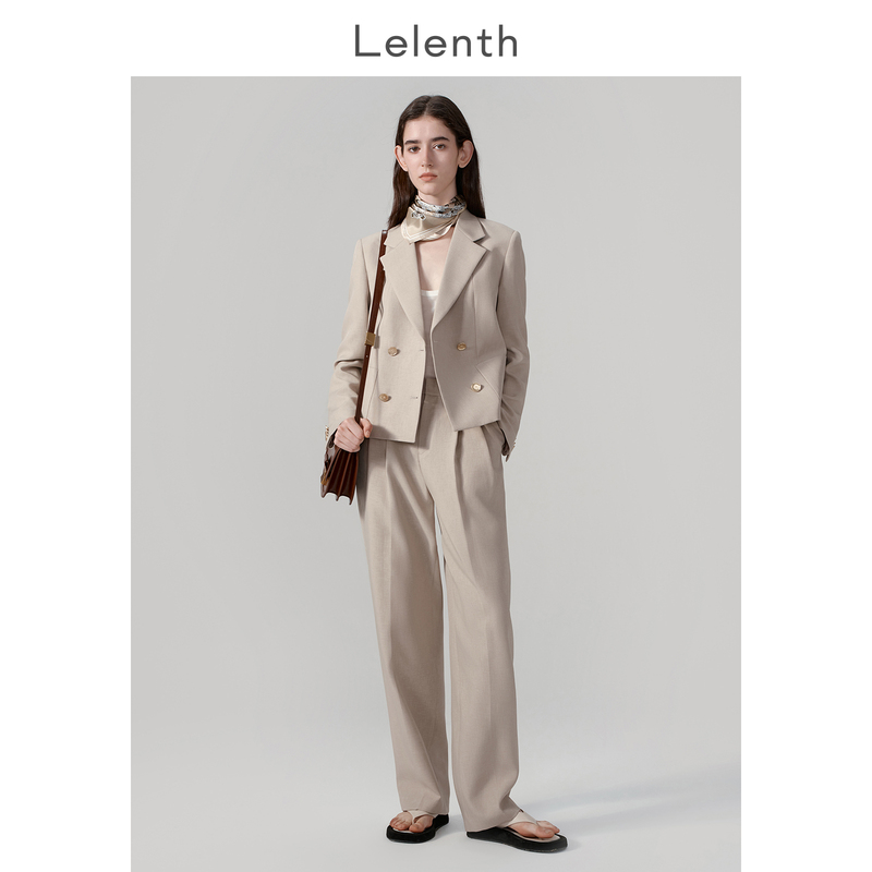 Lalens Bucaki Color Double-Breasted Blazer for Women, Light Office Style, Petite Short Casual Suit Set