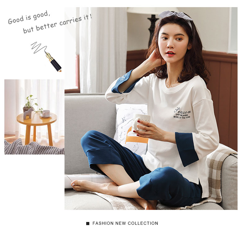 Phiên bản Hàn Quốc của đồ ngủ nữ mùa xuân và mùa thu mẫu cotton dài tay mỏng phần chín điểm quần set đồ giảm béo cotton tại nhà mùa xuân - Bộ Pajama đồ bộ thun lạnh