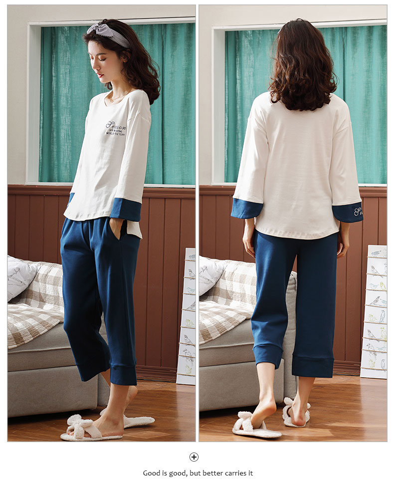 Phiên bản Hàn Quốc của đồ ngủ nữ mùa xuân và mùa thu mẫu cotton dài tay mỏng phần chín điểm quần set đồ giảm béo cotton tại nhà mùa xuân - Bộ Pajama đồ bộ thun lạnh