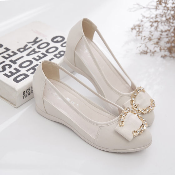 内增高单鞋女2025春季新款圆头舒适软皮妈妈鞋百搭水钻坡跟豆豆鞋