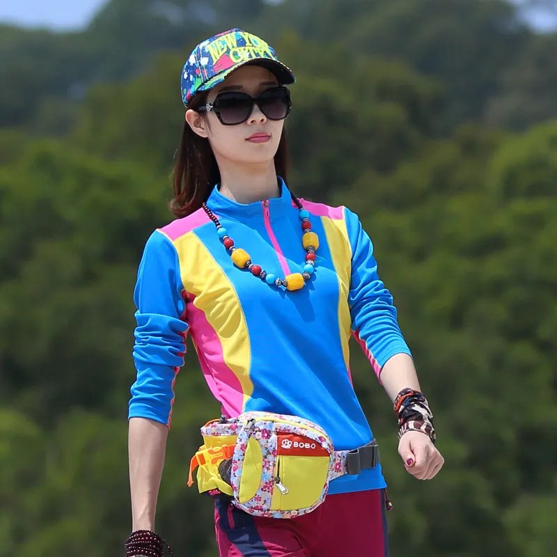 Outdoor Quick-Drying Clothing for Women, Long-Sleeved T-Shirt Top, Color-Blocking, Slim Fit, Sun Protection, Sweat-Absorbent, Breathable, Sports, Mountaineering and Hiking