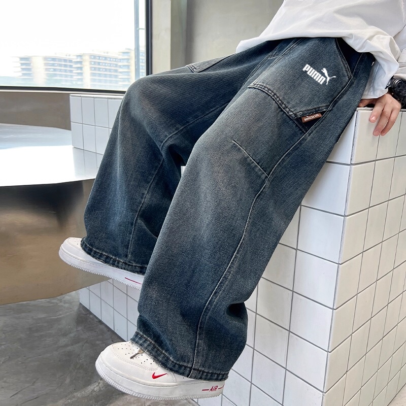 Outlet Store Boys' Pants Spring and Autumn 2026 New Style Big Kids Autumn Wear Straight-Leg Boys' Wide-Leg Fleece-Lined Jeans