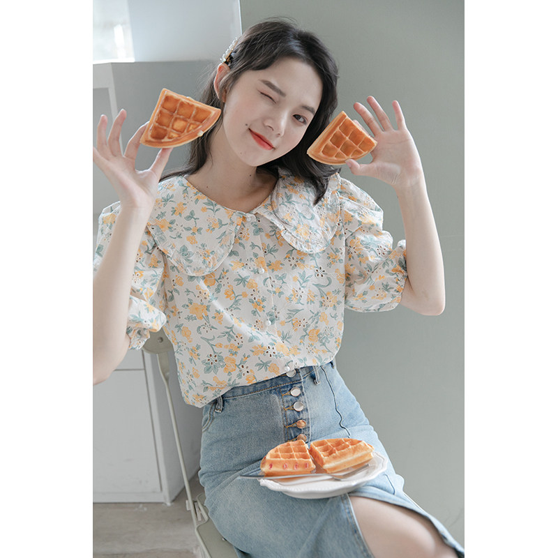 Doll Collar Bubble Cuff Blouse Women Design Sensation Small Crowdsummer Korean Ensemble Sweet Beauty Freshener Style Short Sleeve Crummy Shirt