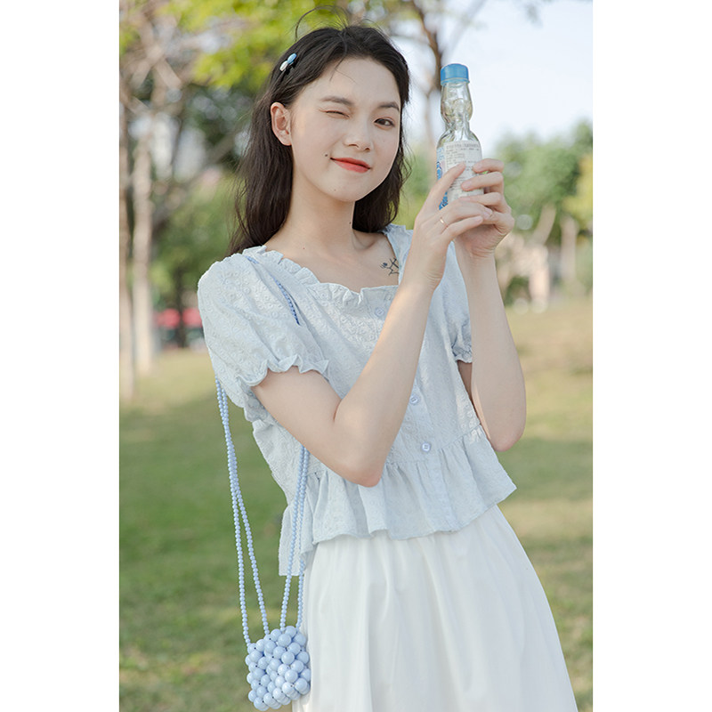 Square collar short jacket woman design feeling small crowdsummer Korean tie sweet and small clear new style gentle bubble sleevy sleeves short sleeves