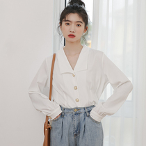 Design sense niche French white shirt women 2021 autumn new white cold style shirt chic foreign style shirt