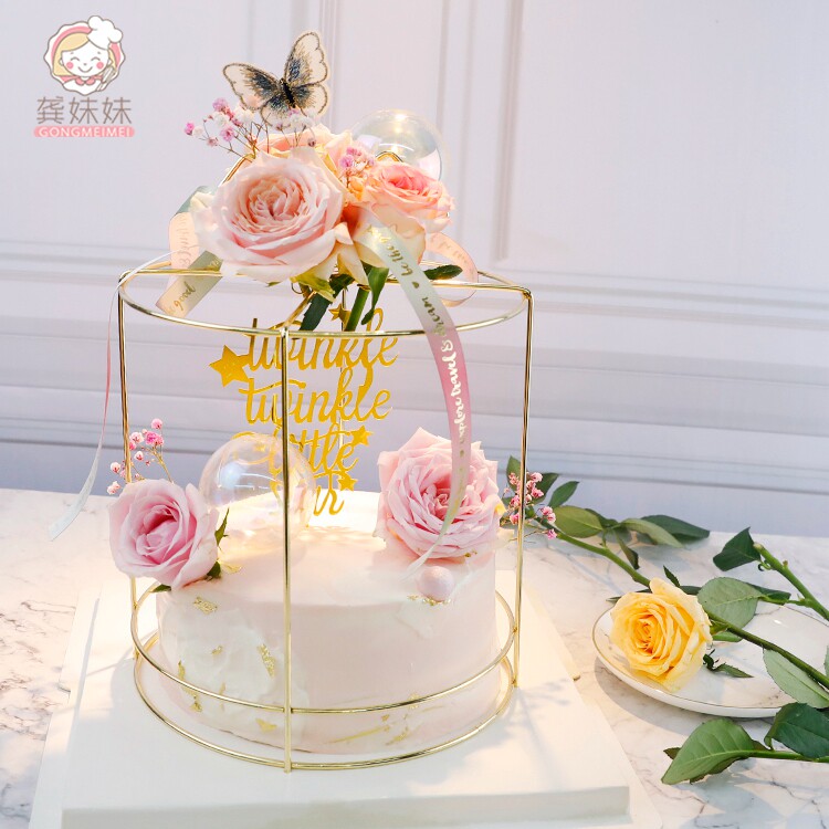 Net Red Birthday Cake Decorative Decoration Metal Gift Box Iron Valentine's Day Wedding Rose Rack Plug-in Dessert