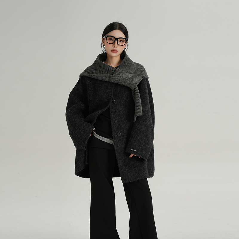 Srys Ame Elegant Knitted Hooded Scarf Mid-Length Wool Coat Woolen Jacket Autumn and Winter New Women's Clothing