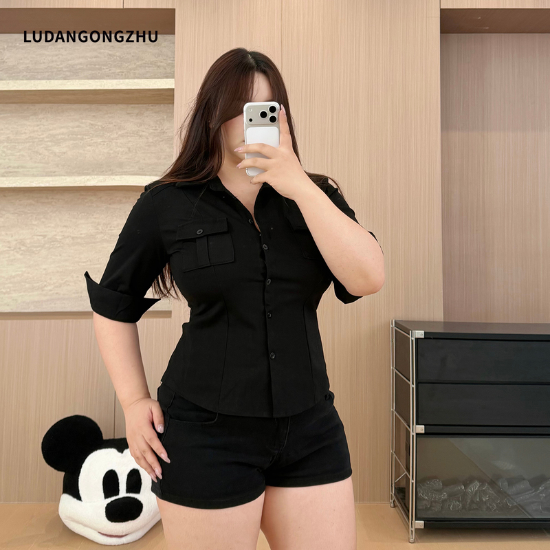 Braised Egg Princess 2026 New Autumn Plus Size Fat Girl Slimming Mid-Sleeve Workwear Shirt Jacket Top for Women