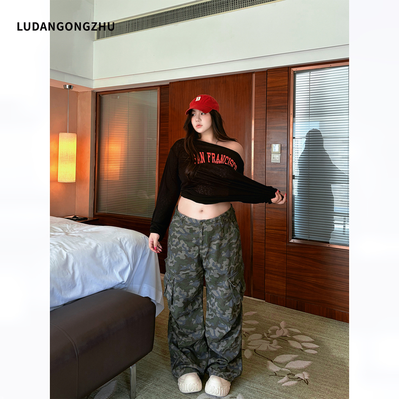 Braised Egg Princess 2026 New Autumn Plus-Size Loose Camouflage Casual Straight-Leg Cargo Wide-Leg Pants for Women