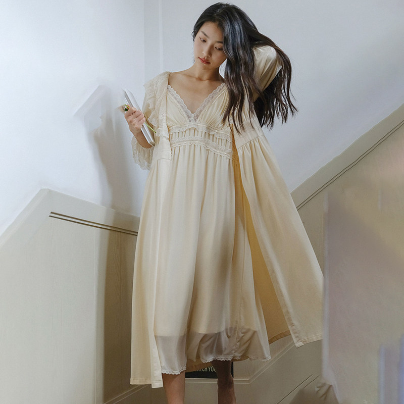 Huajian New Product Two-piece Set Autumn and Winter Advanced Mesh French Bridal Morning Gown Heavy Industry Sling Sexy Court Nightdress