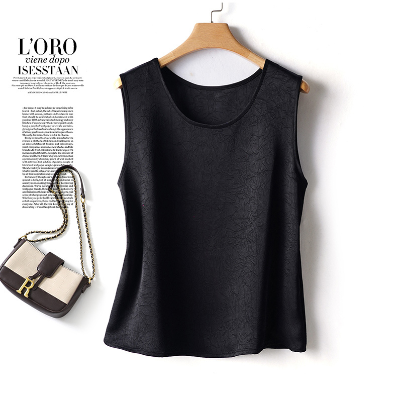 New Chinese-Style Crackle-Pattern Silk T-Shirt for Women, Summer New Mulberry Silk Camisole Base Shirt