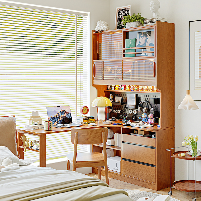 Solid Wood Corner Desk Bookcase Bookshelf Integrated Wall-Mounted Bedroom Cherry Wood L-Shaped Corner Writing and Study Computer Desk