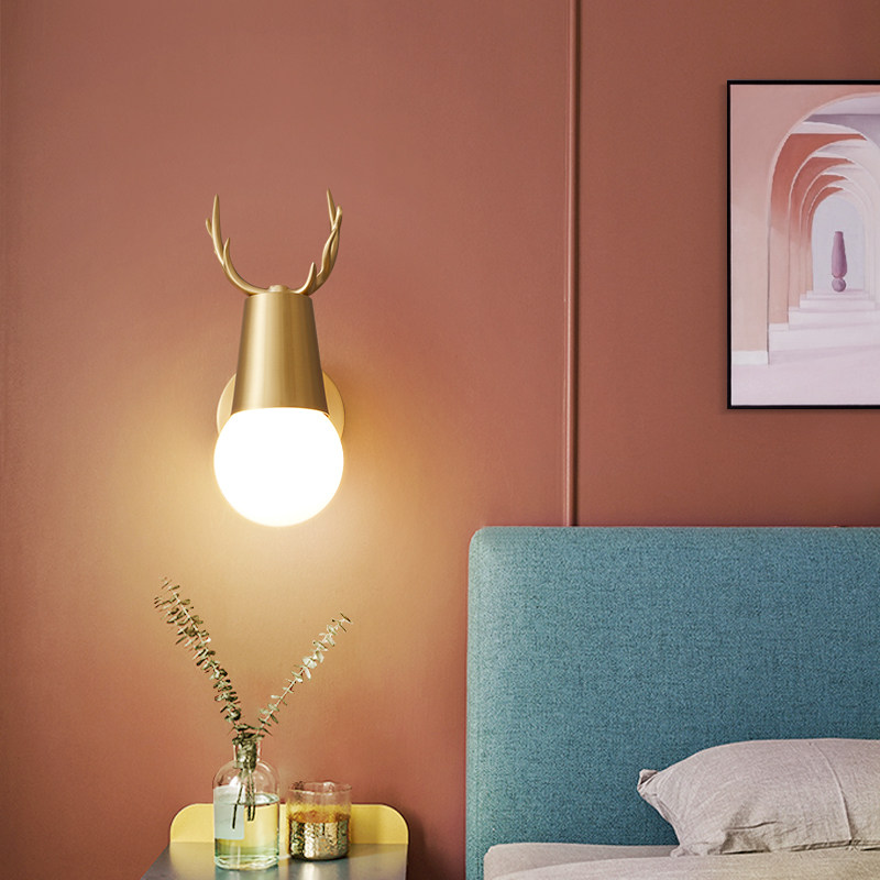 Nordic Full Copper Deer Corner Wall Lamp Bedroom Bedside Headlights Wall Lamp Modern Minima Aisle Stairs Light Background Decorative Wall Lamp