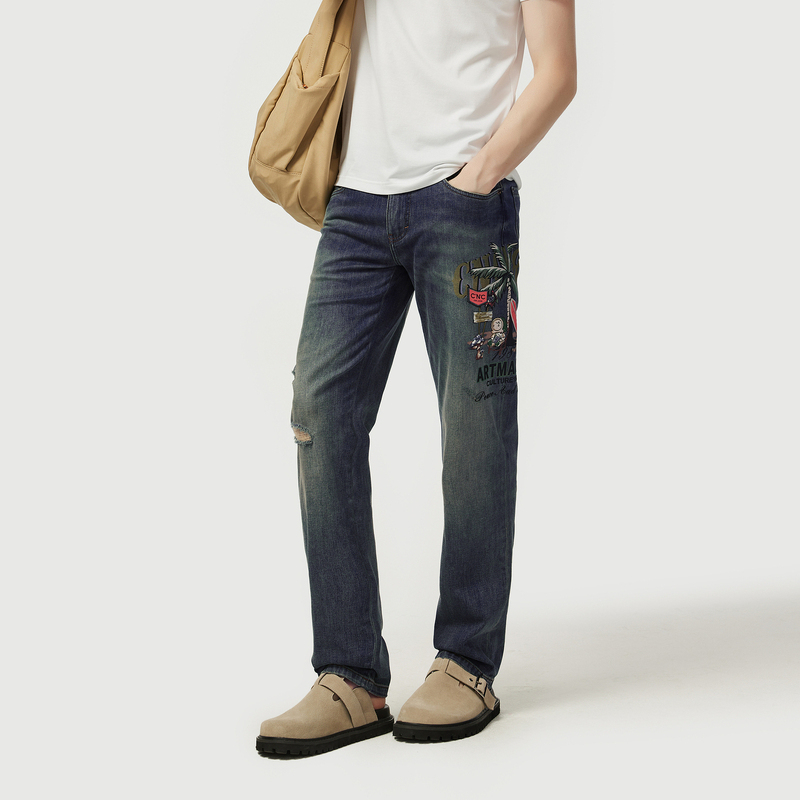 Cnc Men's 26 Summer New Washed Denim Jeans Mall Same Style Flow Print Straight Pants 811g191085