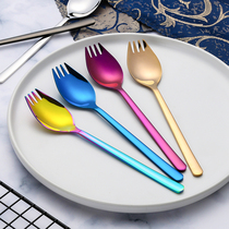 Creative fork spoon One-piece spoon 304 stainless steel dual-purpose noodle spoon Korean cute salad spoon fork portable set