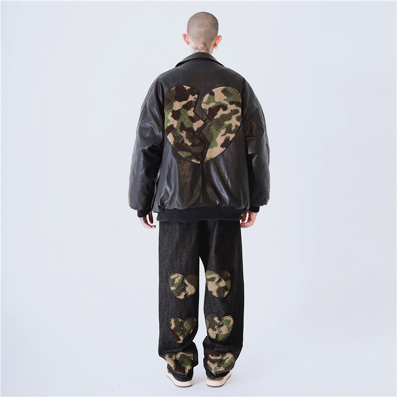 WHOAHA original national trend camouflage heartbroken leather jacket hip-hop street loose warm cotton jacket winter trend