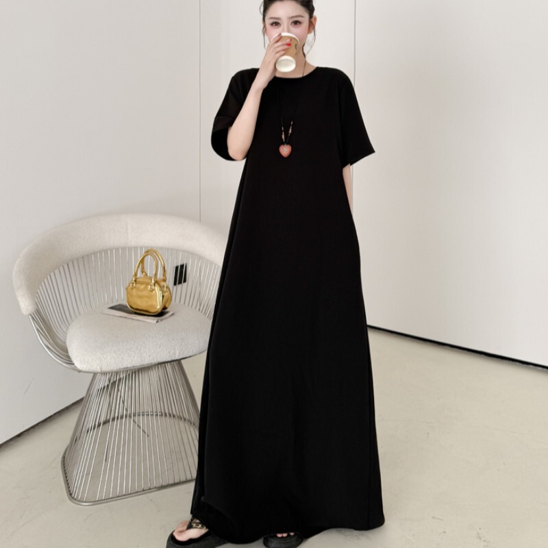Black Pocket Maxi Dress Summer Plus Size Korean Style Loose Long T-Shirt Dress Large Size 100kg Dress