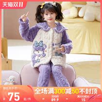 Coral fleece girls pajamas autumn and winter thick childrens flannel medium big boy foreign girls loungewear set