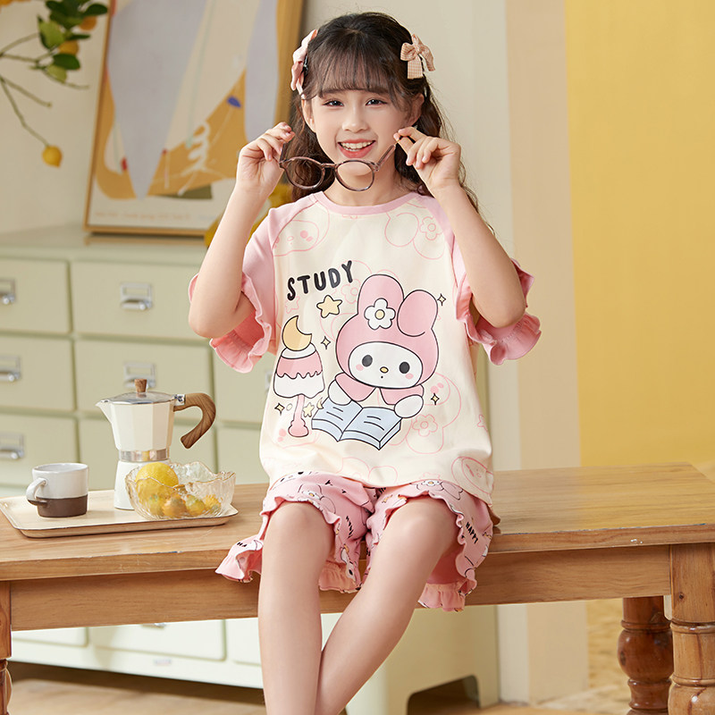 Girls pajamas summer thin pure cotton short-sleeved suit children little girls big children princess fashionable parent-child home clothes