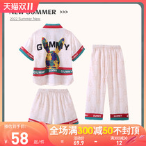 Girls pajamas summer kids ice silk short sleeves long pants thin three-piece big boy girl princess baby loungewear