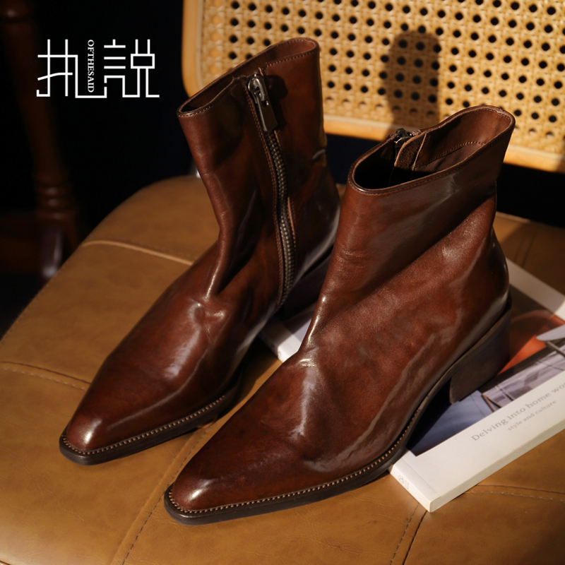 Washed Horse Leather ~ Retro New Style Washed Chunky Heel Pointed Toe High Heel Design Pleated Chelsea Boots