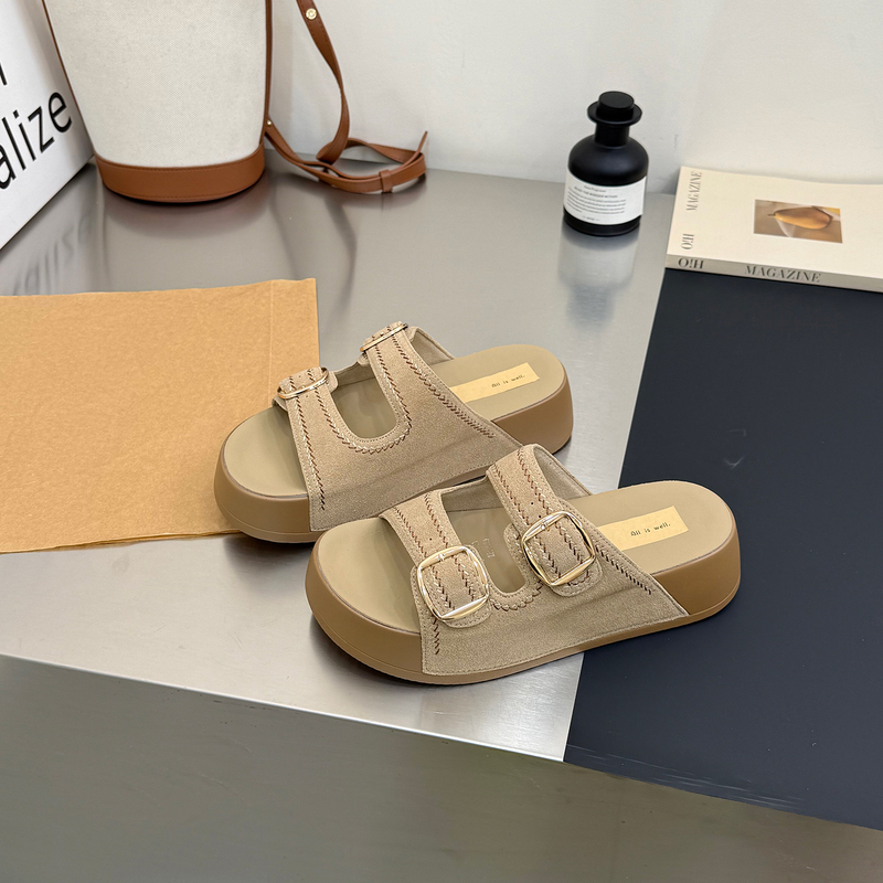 Frosted Genuine Leather Thick-Soled Sandals for Women, 2026 Summer New Style, Height-Increasing, Lightweight, with Buckle, for Outdoor Wear, Slip-On