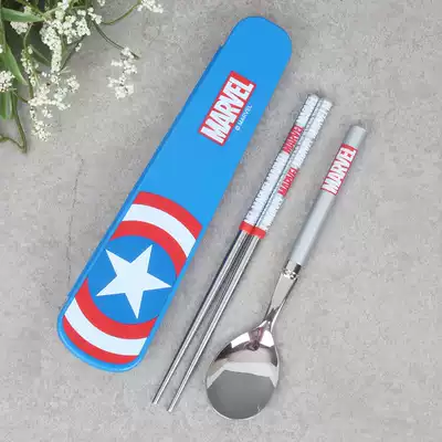 South Korea imported round Rod Avengers United States captain stainless steel spoon chopsticks box 3 sets of tableware portable