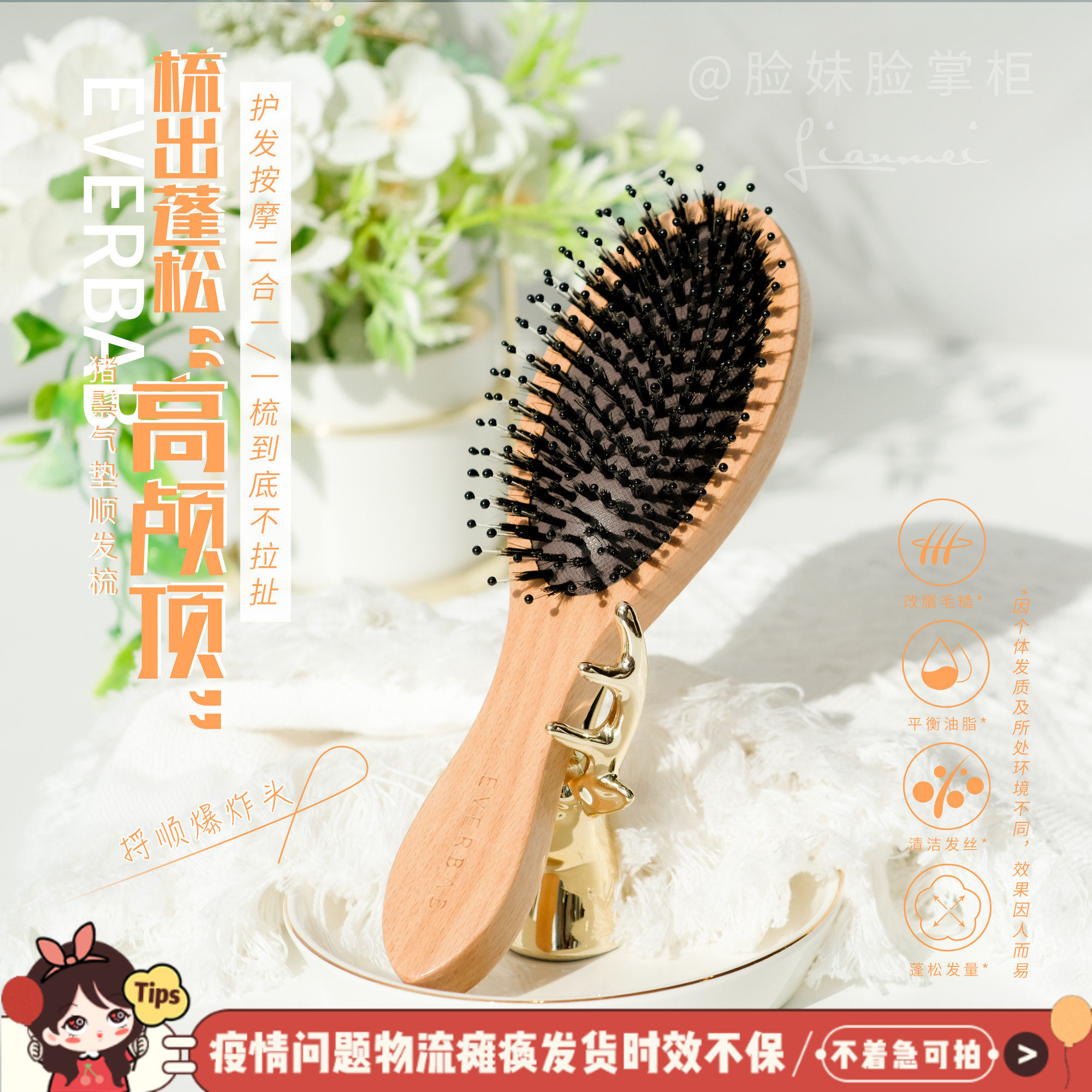 EVERBAB Abela pig bristle air cushion comb scalp massage beech wood supple non-knotted airbag