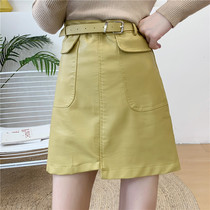 029 solid color retro pu high waist skirt early autumn new womens Korean temperament wild skirt women