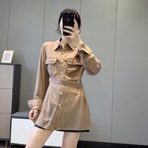 297 Korean solid color single row multi button shirt spring new women casual fashion lace up trend long sleeve top