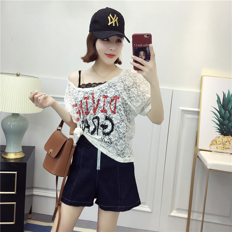 B-B214 Ren crochet T-Shirt 2018 mùa hè của phụ nữ letter in vòng cổ áo thun ngắn tay áo áo polo nữ form rộng có cổ