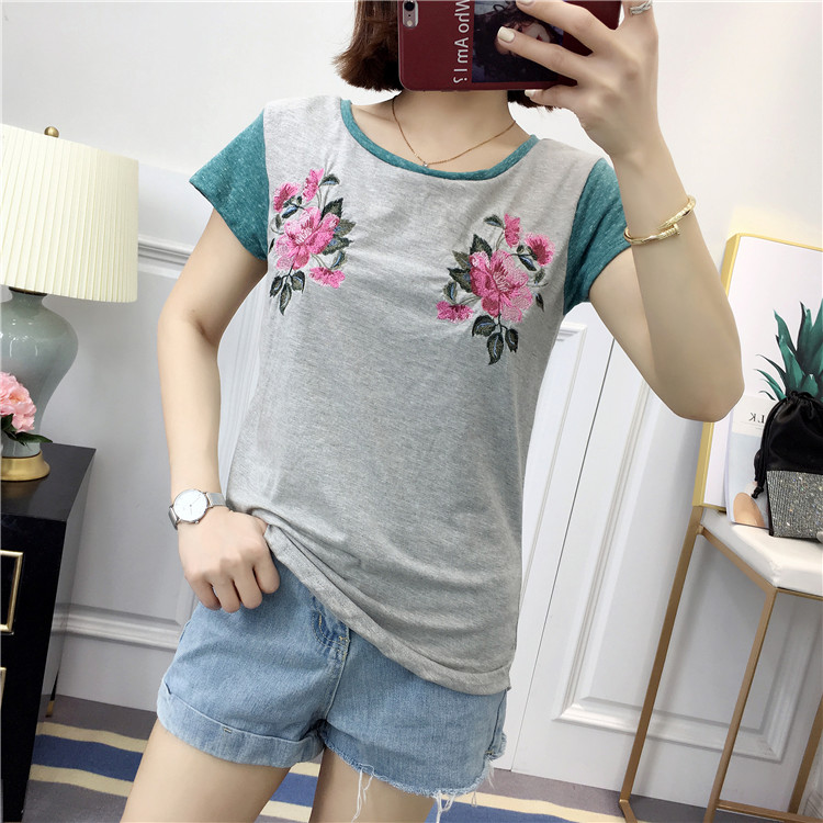 C-H34 Hoa Thêu Colorblock T-Shirt Mùa Hè của Phụ Nữ Vòng Cổ Mỏng Tay Áo Ngắn Tay Áo áo phông kẻ ngang nữ