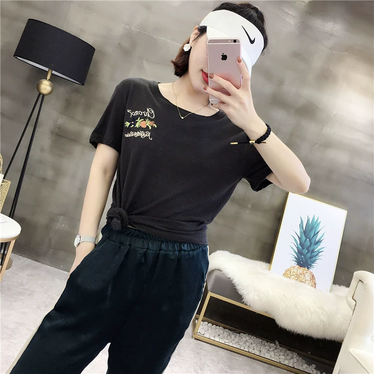 C-M35 lỏng T-Shirt mùa hè của phụ nữ hoa thêu hoang dã áo thun ngắn tay áo sơ mi áo phông trơn