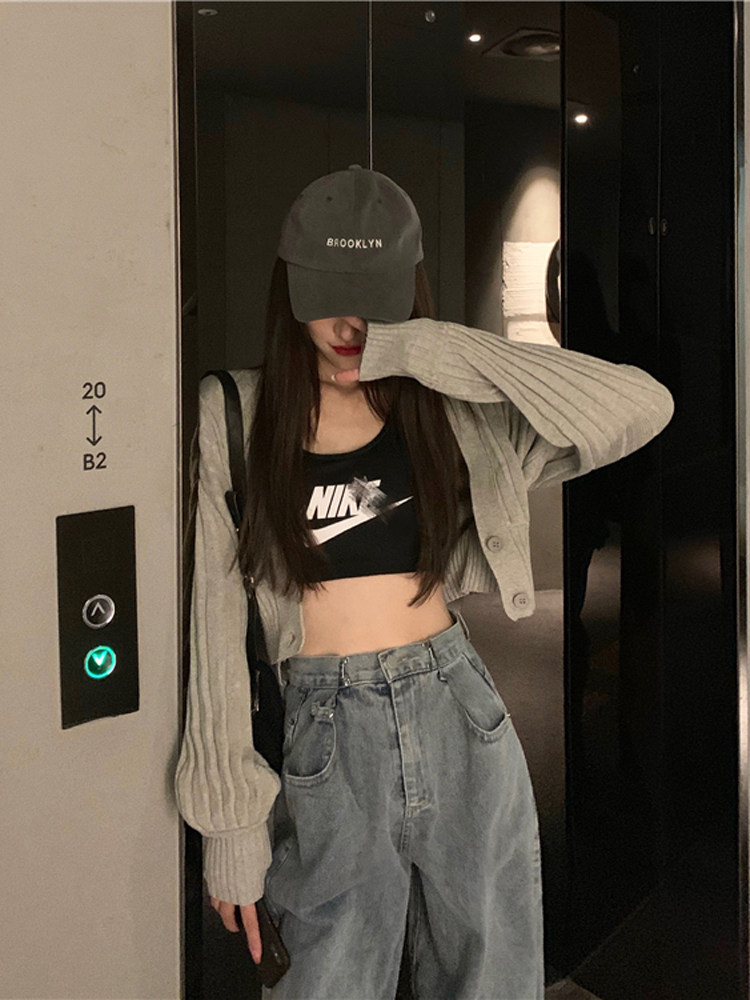 Hong Kong wind short section long sleeve knitted jacket women's spring and autumn Foreign school V-neck high waist gray sweater cardigan sweater