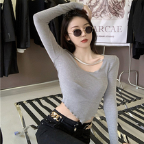 Sexy low collar open collarbone Machine top with long sleeve T-shirt female slim slim irregular short base shirt