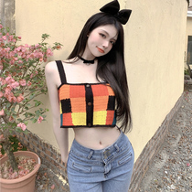 Design sense Contrast color plaid short knitted vest female summer sexy foreign style Joker wearing a small sling
