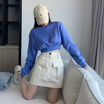 Korean version of ins loose short open umbilical long sleeve sweater female autumn simple blue round neck sleeve casual Joker top