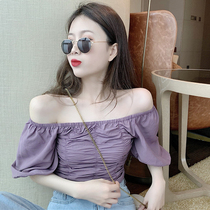 Retro fold slim slim short umbilical T-shirt female spring and summer sexy one-word collar off shoulder bubble sleeve shirt top tide