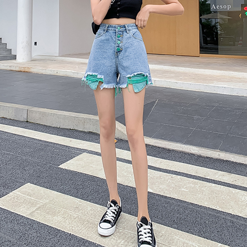 Rửa eo cao lỗ gãy tóc viền đường thẳng giản dị quần short denim nữ Xia Han phiên bản màu sắc cho thấy sinh viên mỏng rộng chân quần nóng