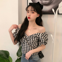 Gong Ting Bubble Sleeve Clavicle Plaid Short Sleeve Shirt Female Xia Xin Machine Off-the-shoulder Slim Mind Wooden Ear Short Top