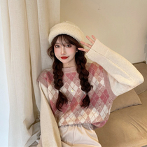 Korean version of loose thin fake two vest knitwear women winter fashion wild students age-reducing color red sweater