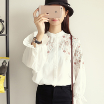 Han Fan college wind trumpet sleeve shirt womens long-sleeved 2021 spring new stand-up collar loose ethnic wind embroidered shirt